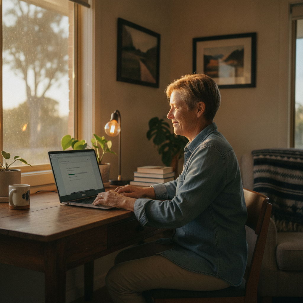 Professional computer clean-out in Newborough (3825) — a happy Victoria resident at home with a spotless, fast, quiet machine