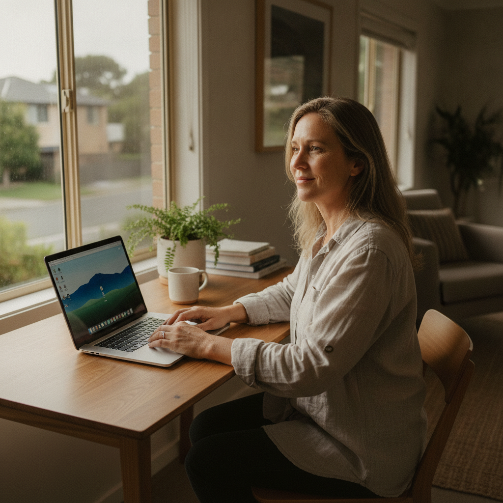 Professional computer clean-out in Newcastle West (2302) — a happy New South Wales resident at home with a spotless, fast, quiet machine