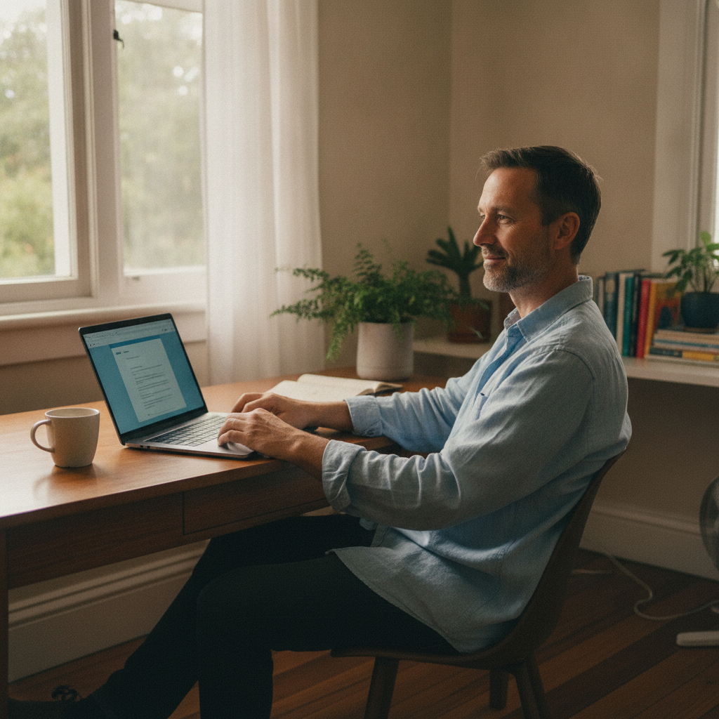 Professional computer clean-out in Newstead (4006) — a happy Queensland resident at home with a spotless, fast, quiet machine