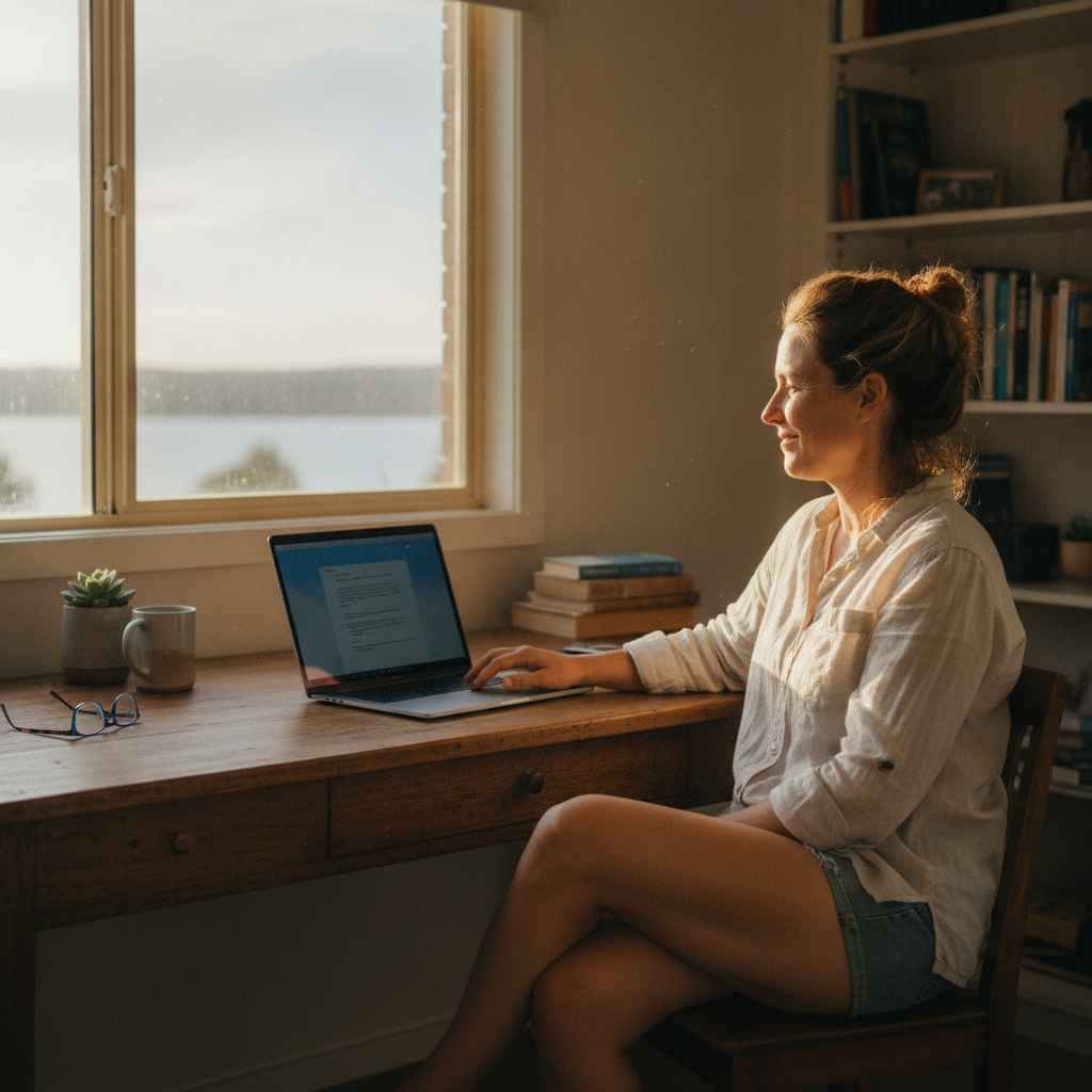Professional computer clean-out in Nords Wharf (2281) — a happy New South Wales resident at home with a spotless, fast, quiet machine