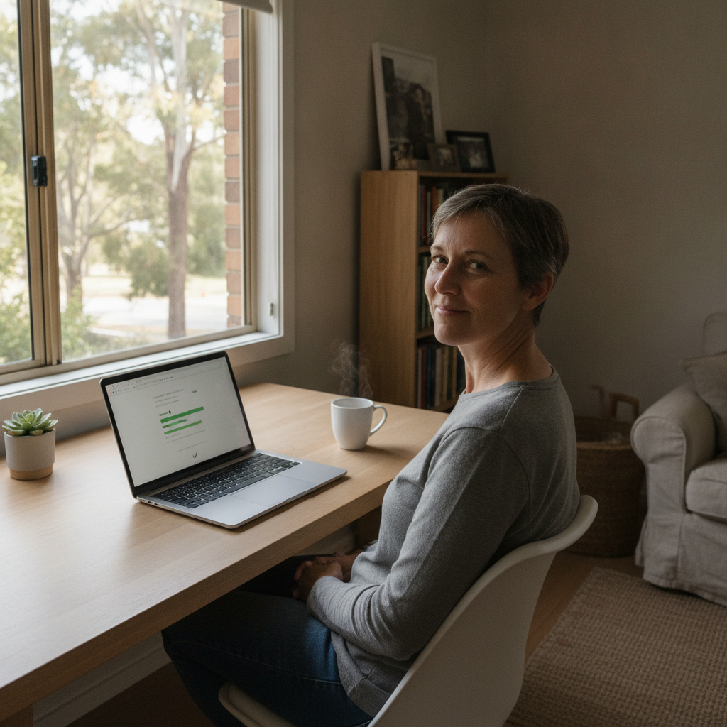 Professional computer clean-out in North Arm (2484) — a happy New South Wales resident at home with a spotless, fast, quiet machine