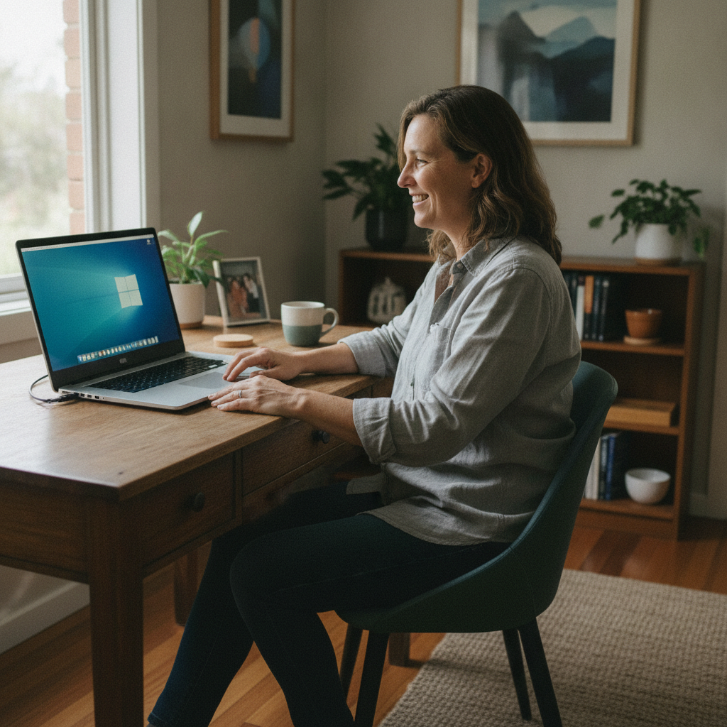 Professional computer clean-out in North Arm Cove (2324) — a happy New South Wales resident at home with a spotless, fast, quiet machine