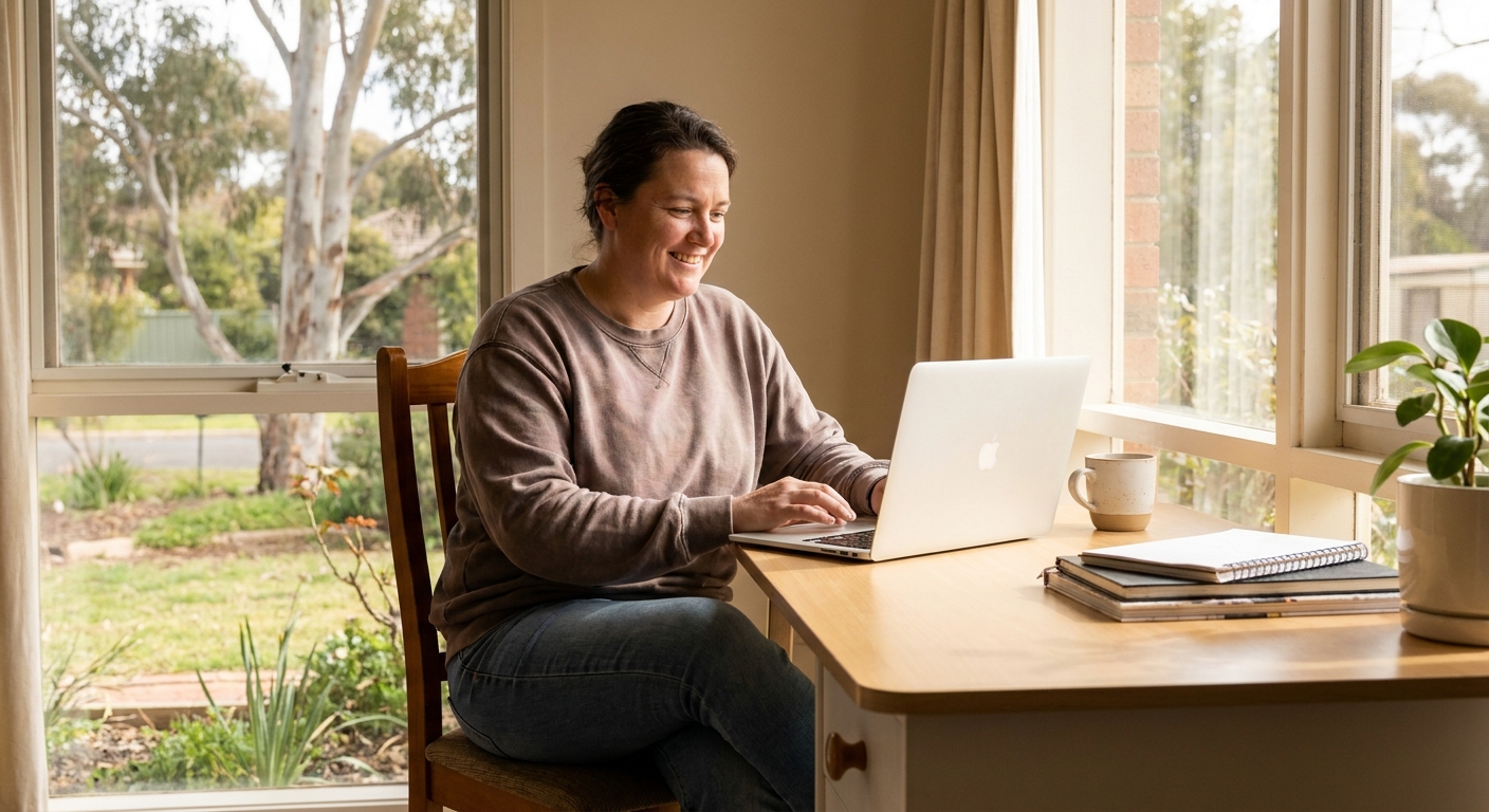 Professional computer clean-out in North Shore (3214) — a happy Victoria resident at home with a spotless, fast, quiet machine