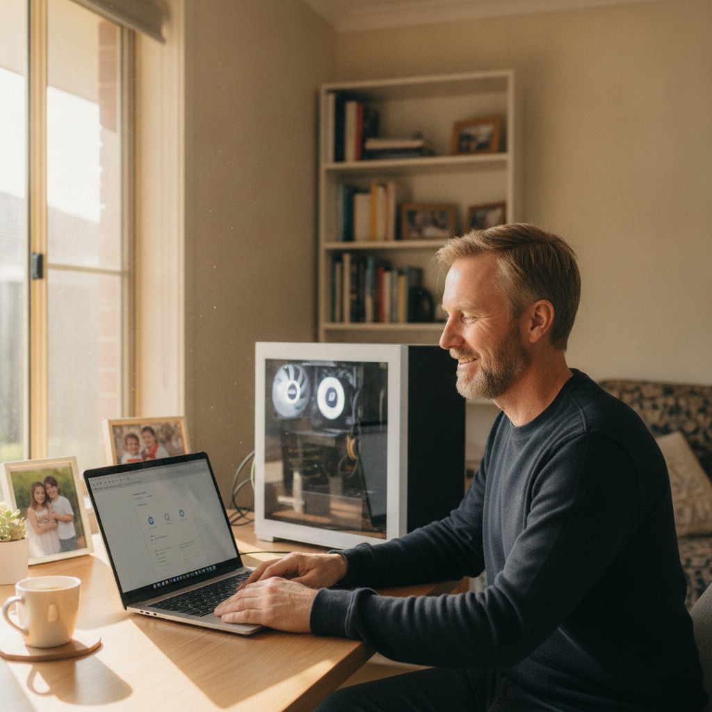 Professional computer clean-out in North Stirlings (6338) — a happy Western Australia resident at home with a spotless, fast, quiet machine