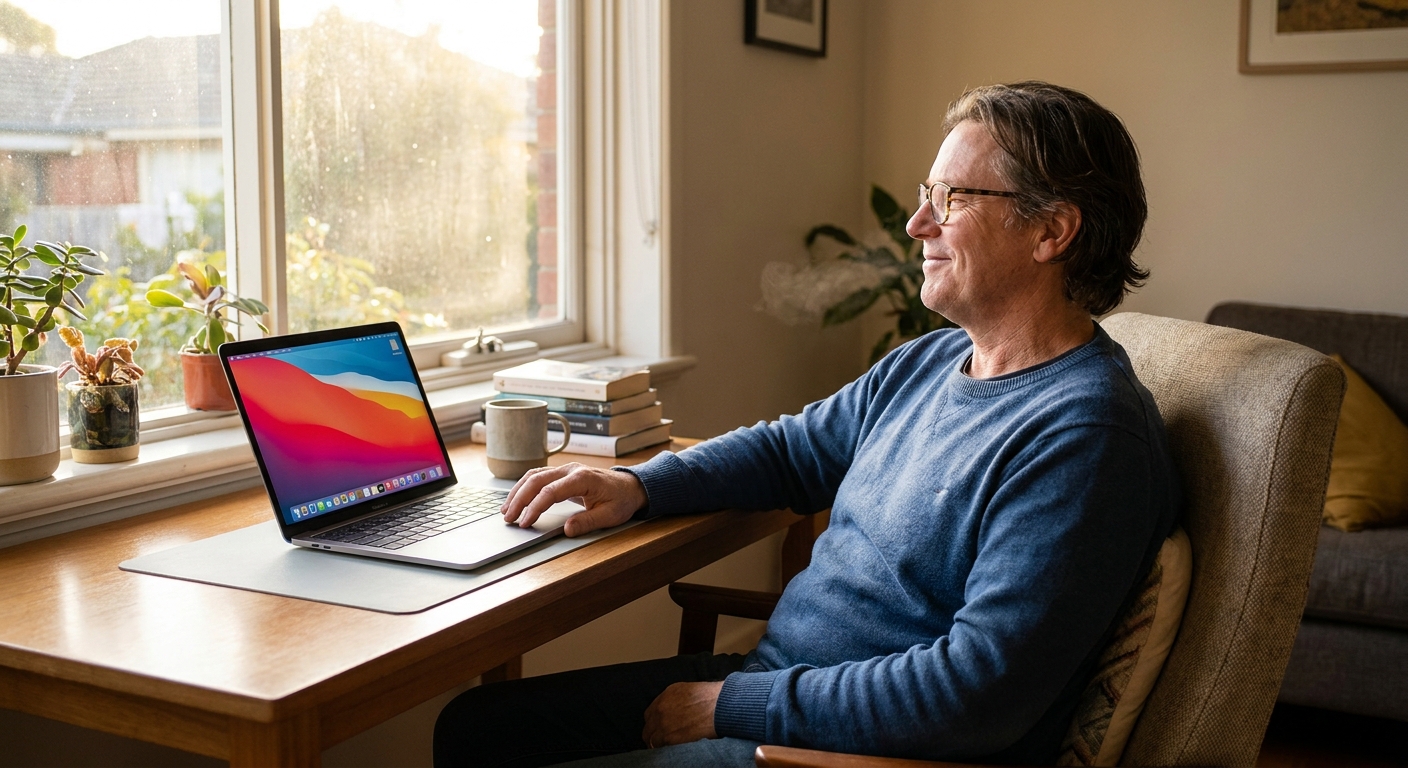 Professional computer clean-out in Northcote (3070) — a happy Victoria resident at home with a spotless, fast, quiet machine