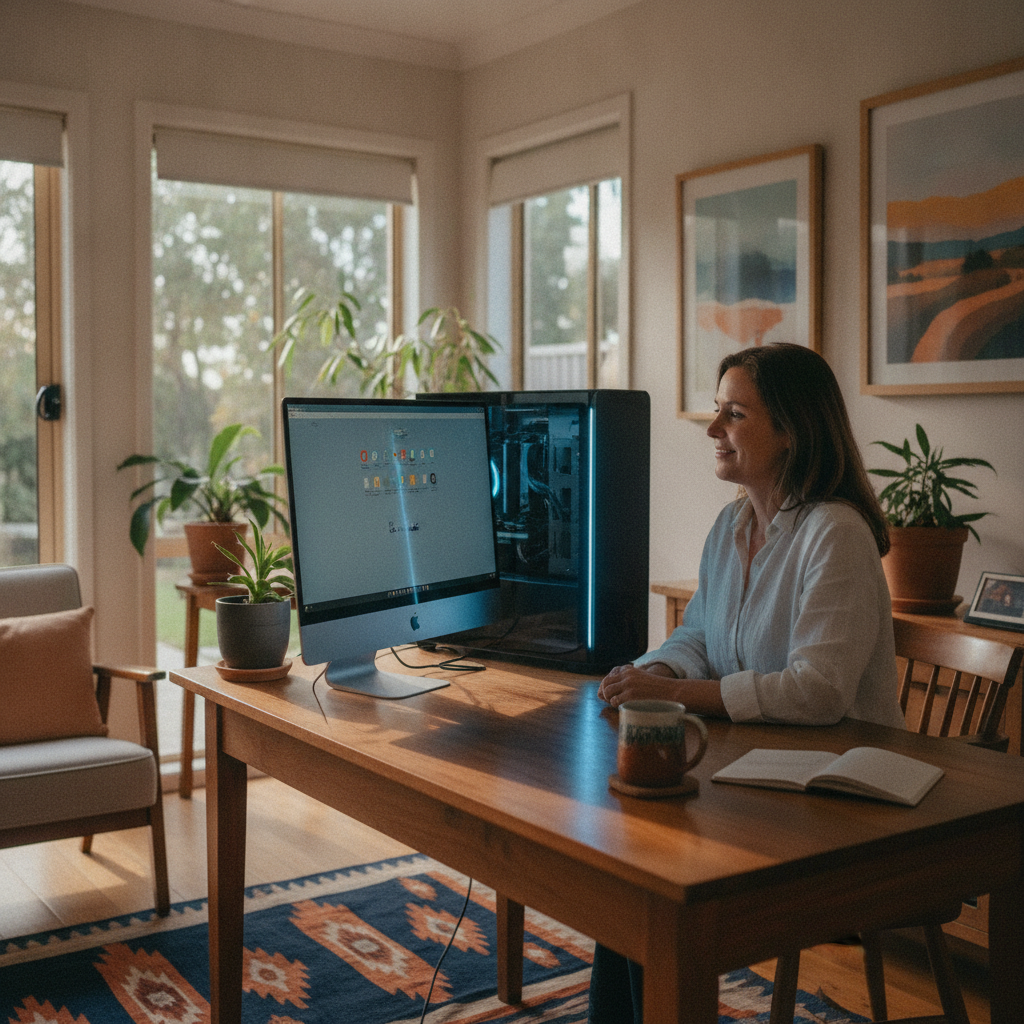 Professional computer clean-out in Nowergup (6032) — a happy Western Australia resident at home with a spotless, fast, quiet machine