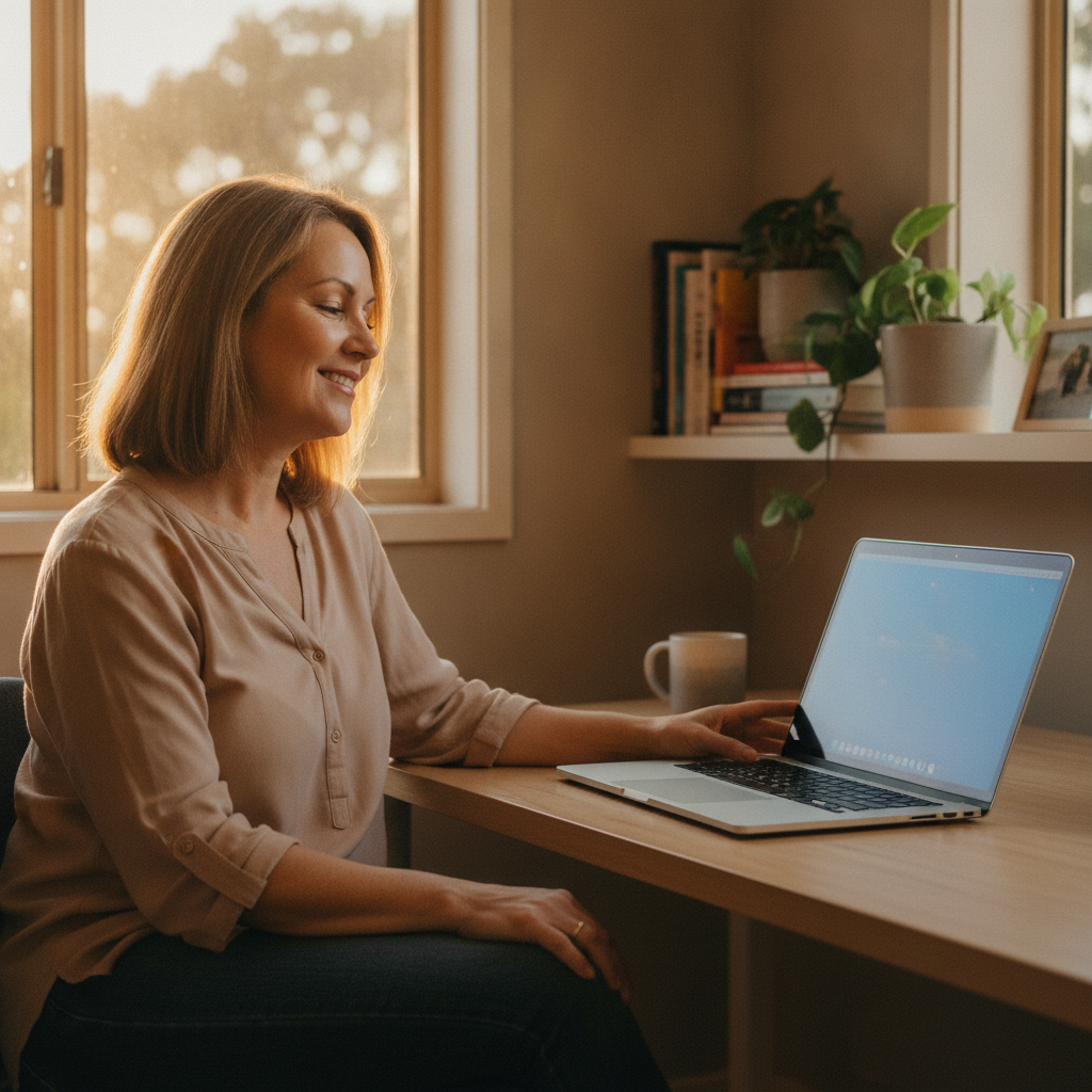 Professional computer clean-out in Nowley (2386) — a happy New South Wales resident at home with a spotless, fast, quiet machine