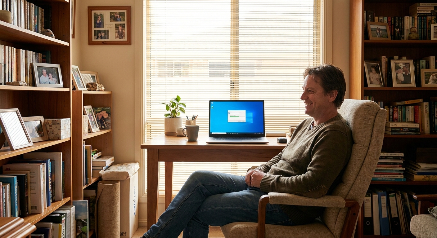 Professional computer clean-out in Nunawading (3131) — a happy Victoria resident at home with a spotless, fast, quiet machine