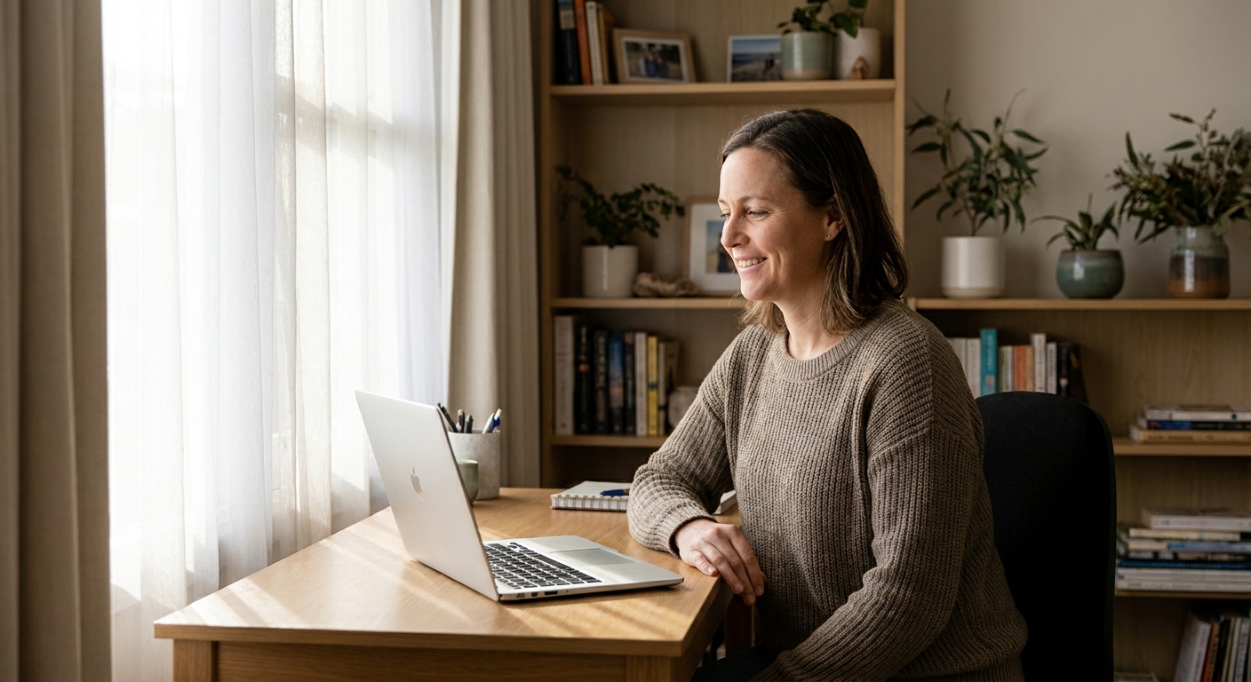 Professional computer clean-out in Oak Park (3046) — a happy Victoria resident at home with a spotless, fast, quiet machine