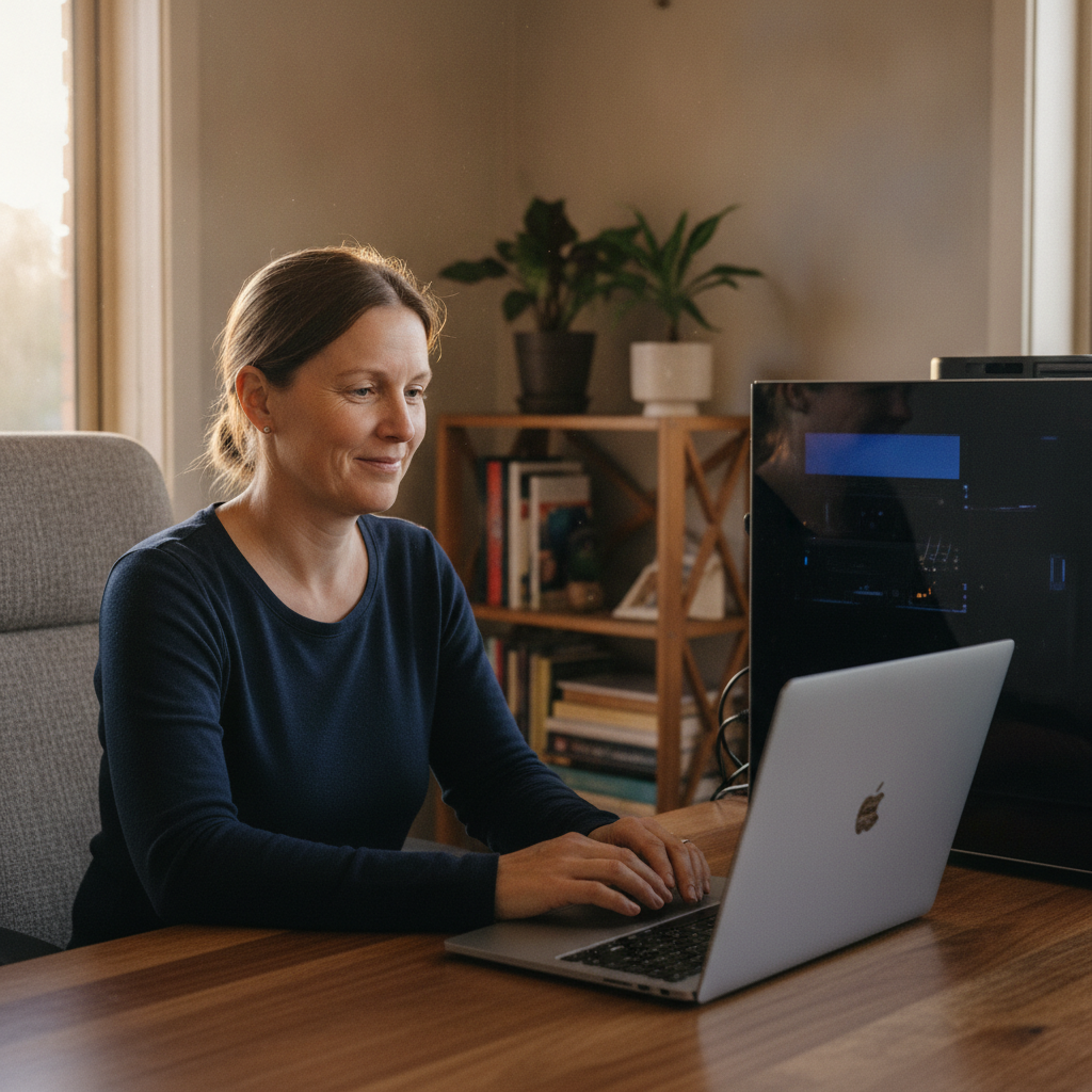 Professional computer clean-out in Oakhampton (2320) — a happy New South Wales resident at home with a spotless, fast, quiet machine