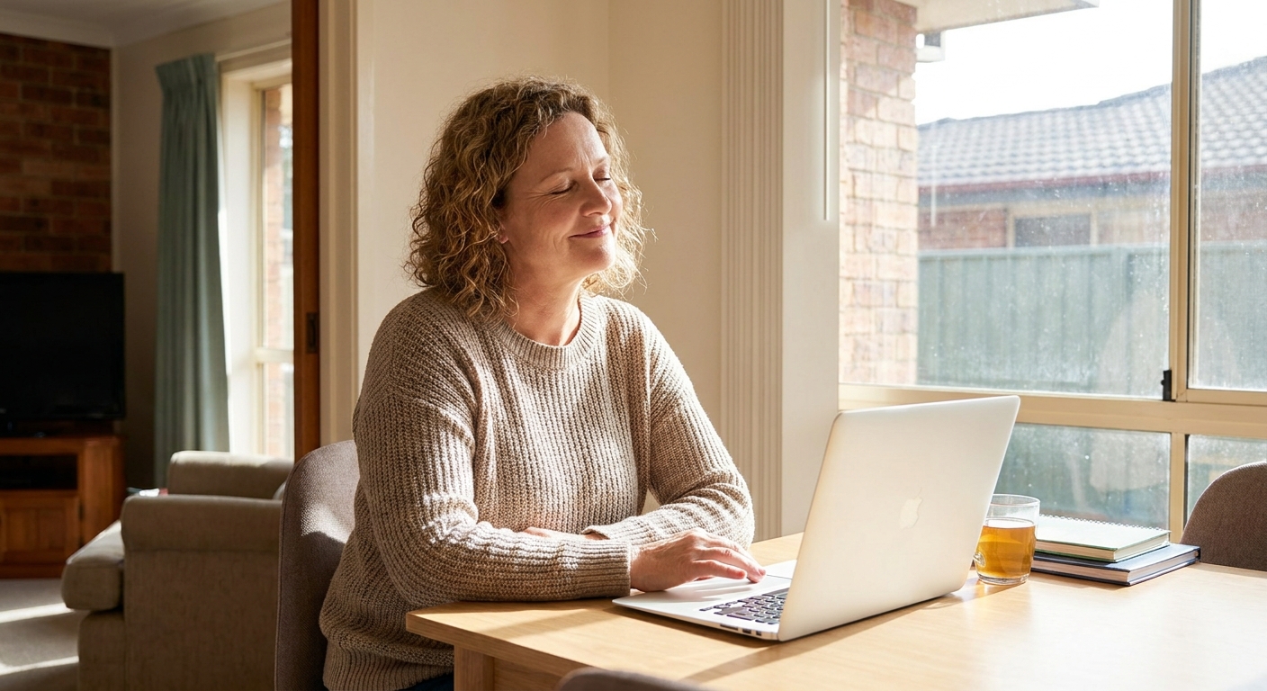 Professional computer clean-out in Oaks Estate (2620) — a happy New South Wales resident at home with a spotless, fast, quiet machine