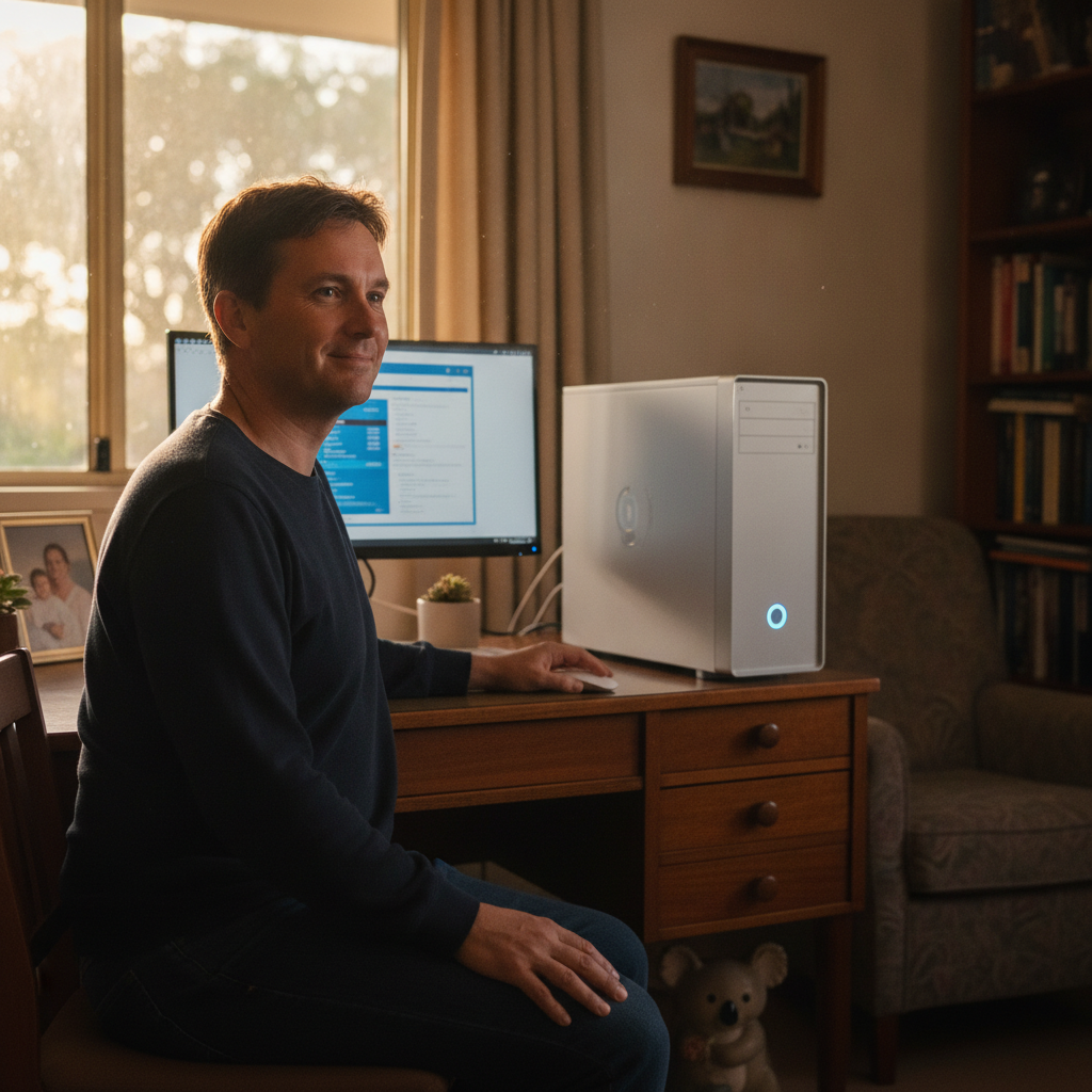 Professional computer clean-out in Old Toongabbie (2146) — a happy New South Wales resident at home with a spotless, fast, quiet machine