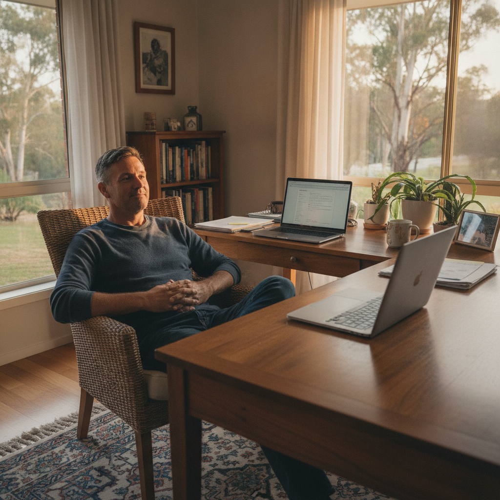 Professional computer clean-out in Olney (2325) — a happy New South Wales resident at home with a spotless, fast, quiet machine