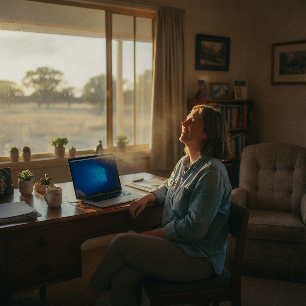 Professional computer clean-out in Ootha (2875) — a happy New South Wales resident at home with a spotless, fast, quiet machine