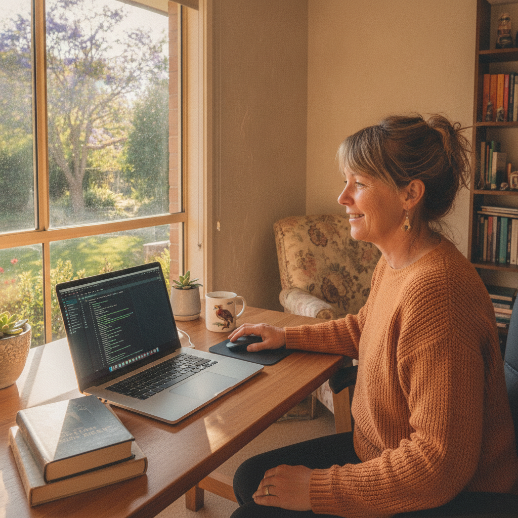 Professional computer clean-out in Orange East (2800) — a happy New South Wales resident at home with a spotless, fast, quiet machine