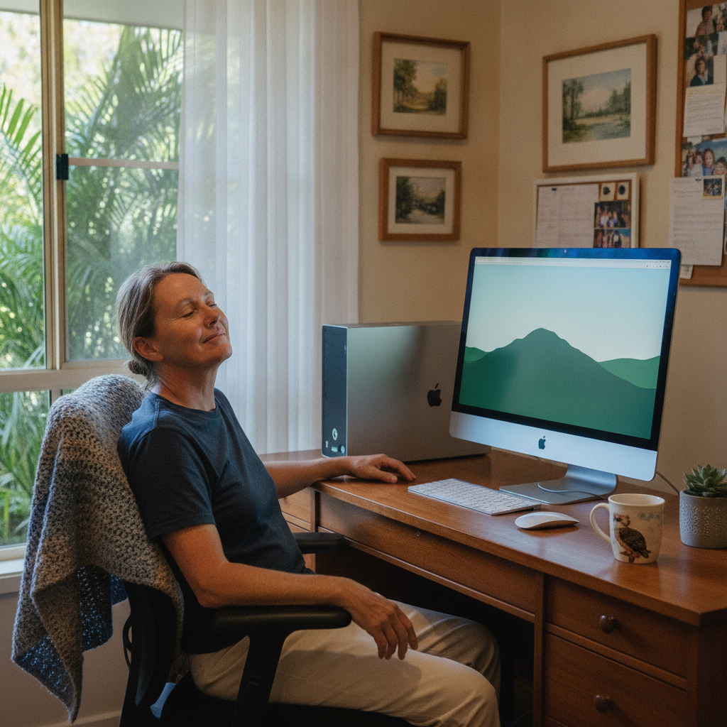 Professional computer clean-out in Ormiston (4160) — a happy Queensland resident at home with a spotless, fast, quiet machine