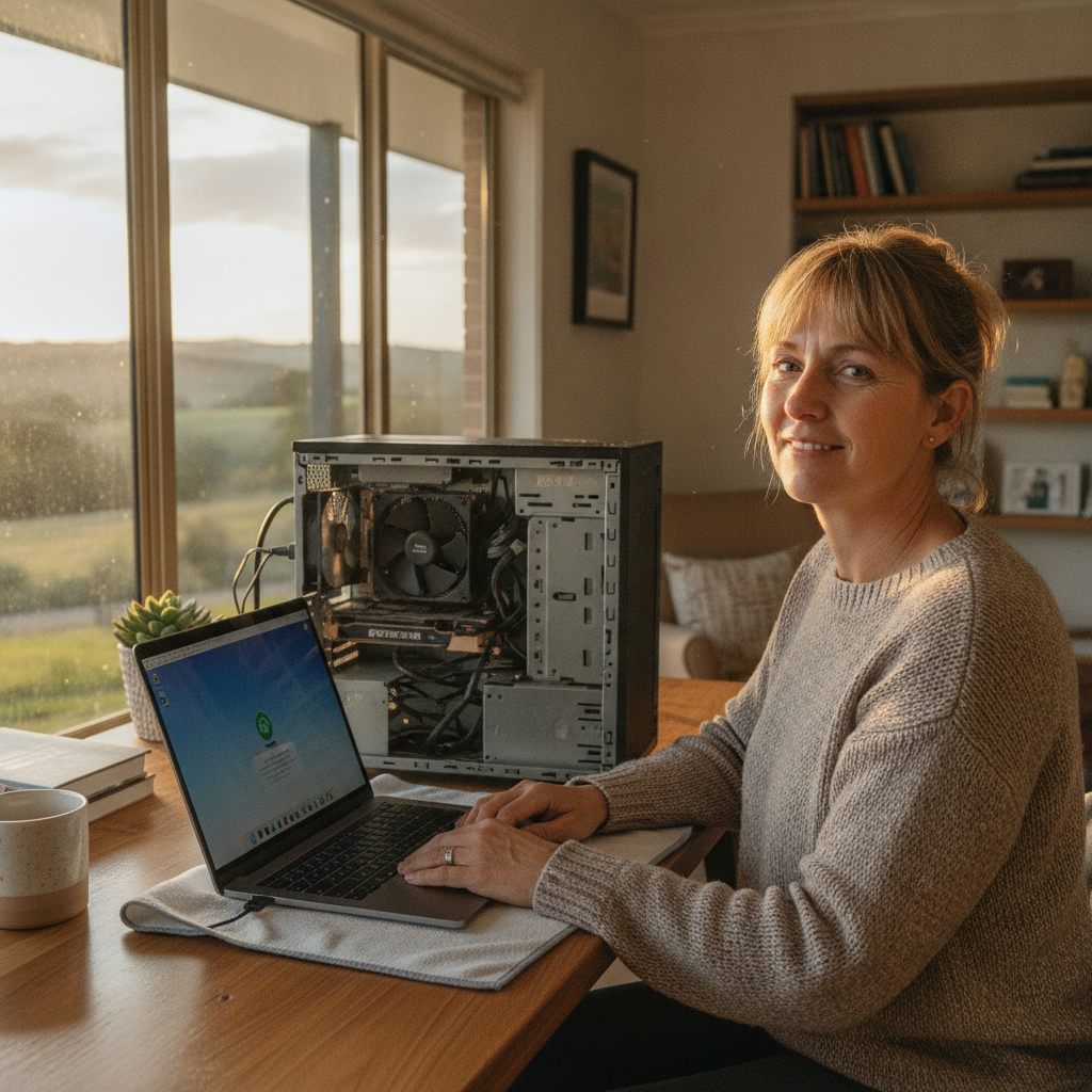Professional computer clean-out in Oura (2650) — a happy New South Wales resident at home with a spotless, fast, quiet machine