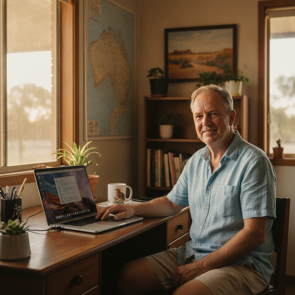 Professional computer clean-out in Packsaddle (2880) — a happy New South Wales resident at home with a spotless, fast, quiet machine