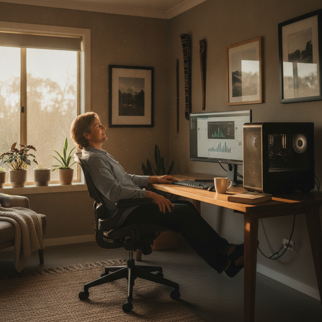 Professional computer clean-out in Pallal (2404) — a happy New South Wales resident at home with a spotless, fast, quiet machine