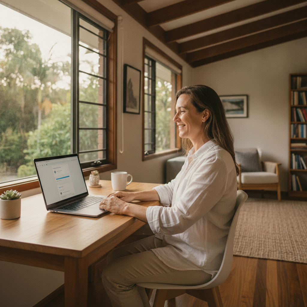 Professional computer clean-out in Palmvale (2484) — a happy New South Wales resident at home with a spotless, fast, quiet machine