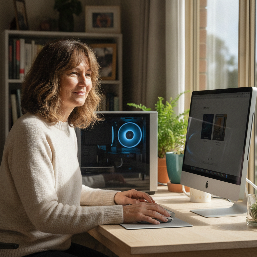 Professional computer clean-out in Pan Ban (2648) — a happy New South Wales resident at home with a spotless, fast, quiet machine