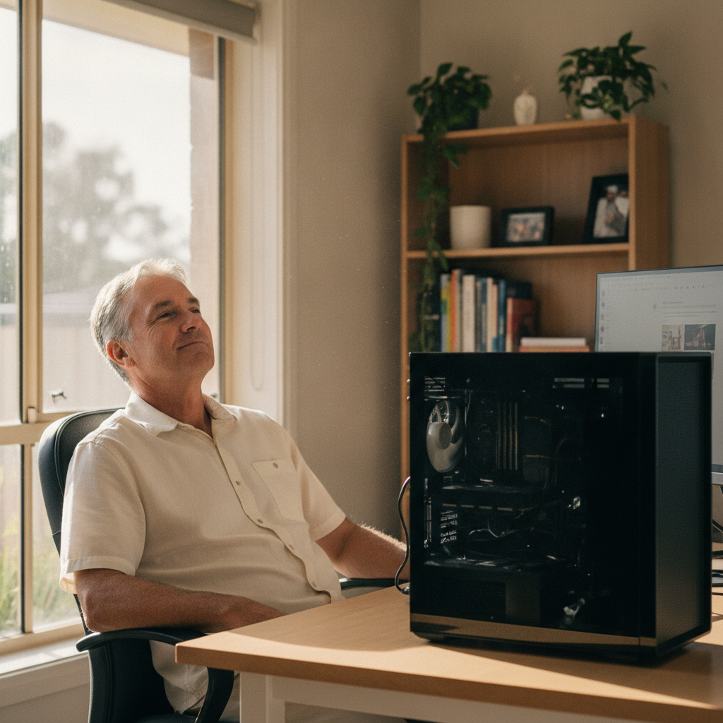 Professional computer clean-out in Paralowie (5108) — a happy South Australia resident at home with a spotless, fast, quiet machine