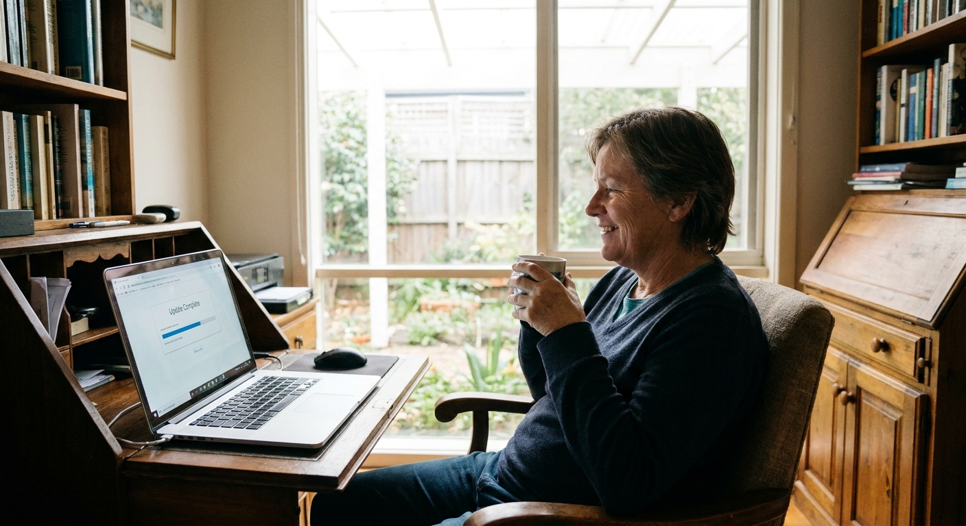 Professional computer clean-out in Parkdale (3195) — a happy Victoria resident at home with a spotless, fast, quiet machine
