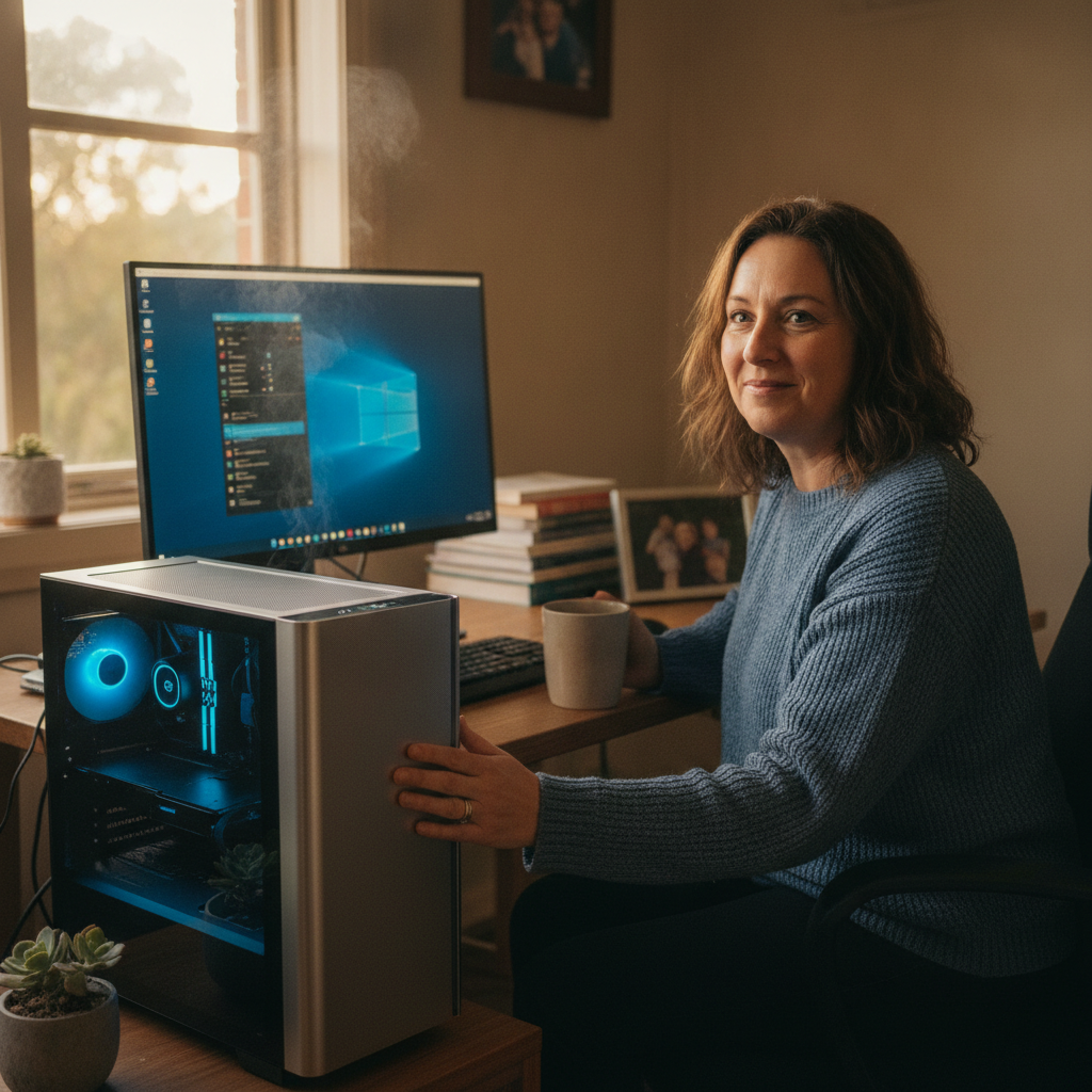 Professional computer clean-out in Parkfield (6233) — a happy Western Australia resident at home with a spotless, fast, quiet machine
