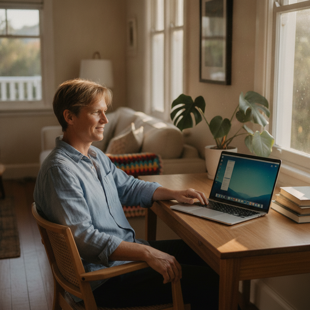 Professional computer clean-out in Parkinson (4115) — a happy Queensland resident at home with a spotless, fast, quiet machine