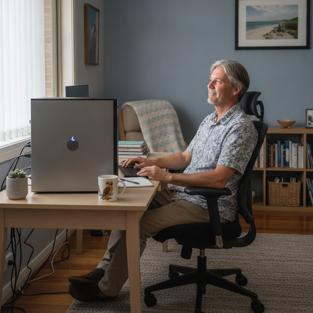 Professional computer clean-out in Parmelia (6167) — a happy Western Australia resident at home with a spotless, fast, quiet machine