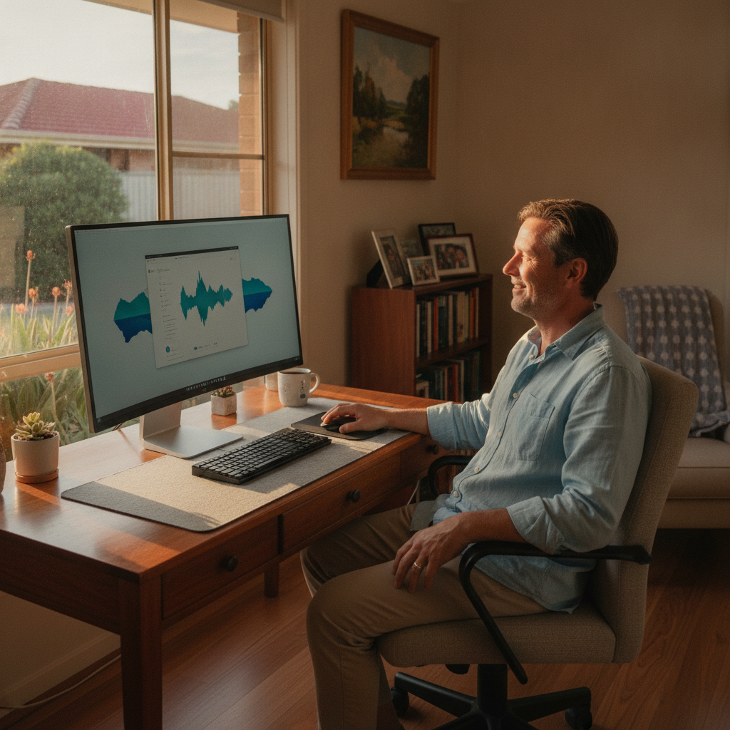 Professional computer clean-out in Pearsall (6065) — a happy Western Australia resident at home with a spotless, fast, quiet machine