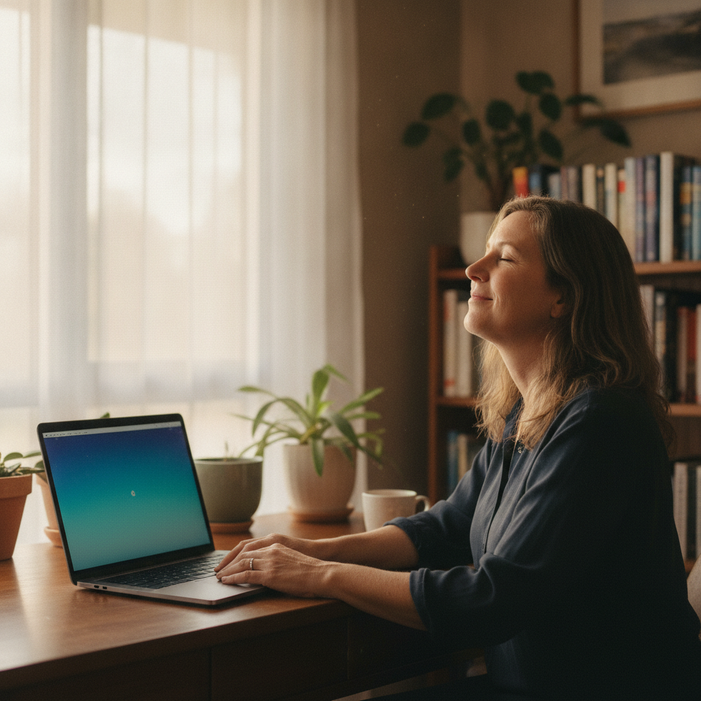 Professional computer clean-out in Pelton (2325) — a happy New South Wales resident at home with a spotless, fast, quiet machine