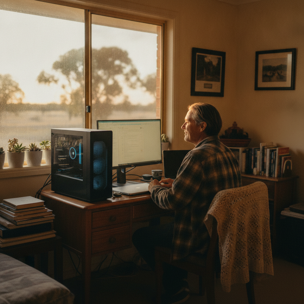 Professional computer clean-out in Piallamore (2340) — a happy New South Wales resident at home with a spotless, fast, quiet machine