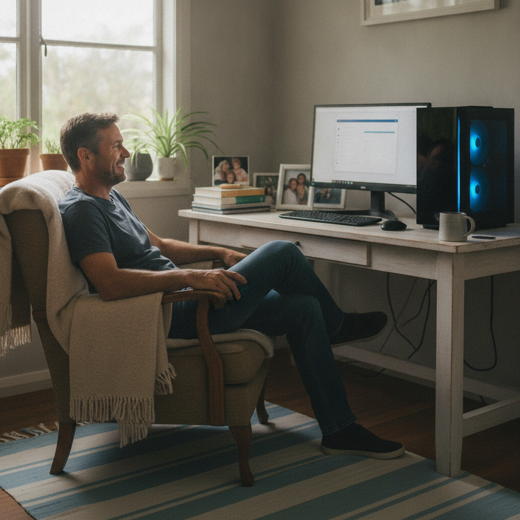 Professional computer clean-out in Pigeonbah (2824) — a happy New South Wales resident at home with a spotless, fast, quiet machine