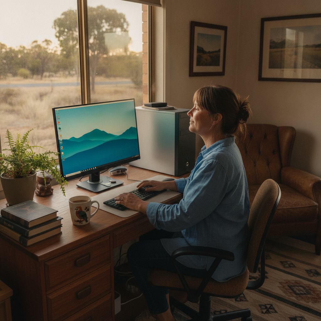 Professional computer clean-out in Piney Range (2810) — a happy New South Wales resident at home with a spotless, fast, quiet machine