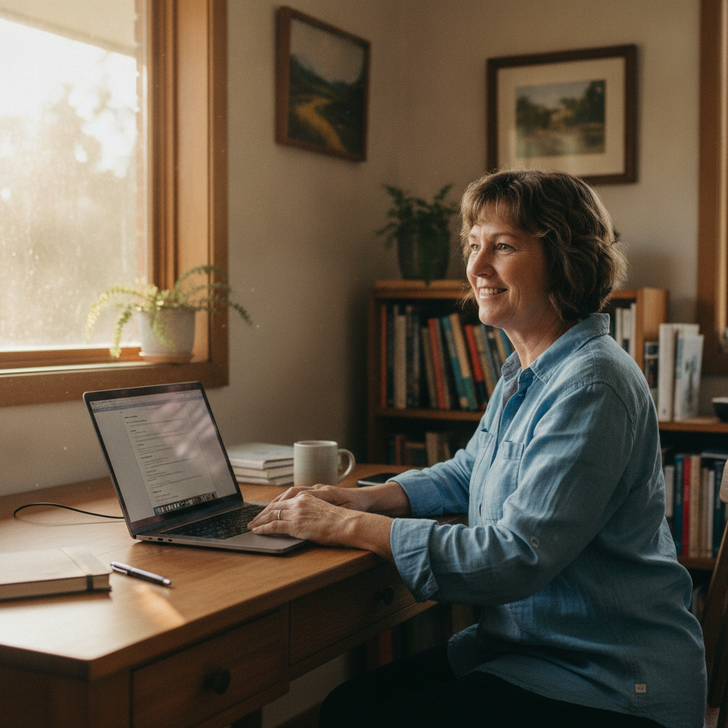 Professional computer clean-out in Piora (2470) — a happy New South Wales resident at home with a spotless, fast, quiet machine