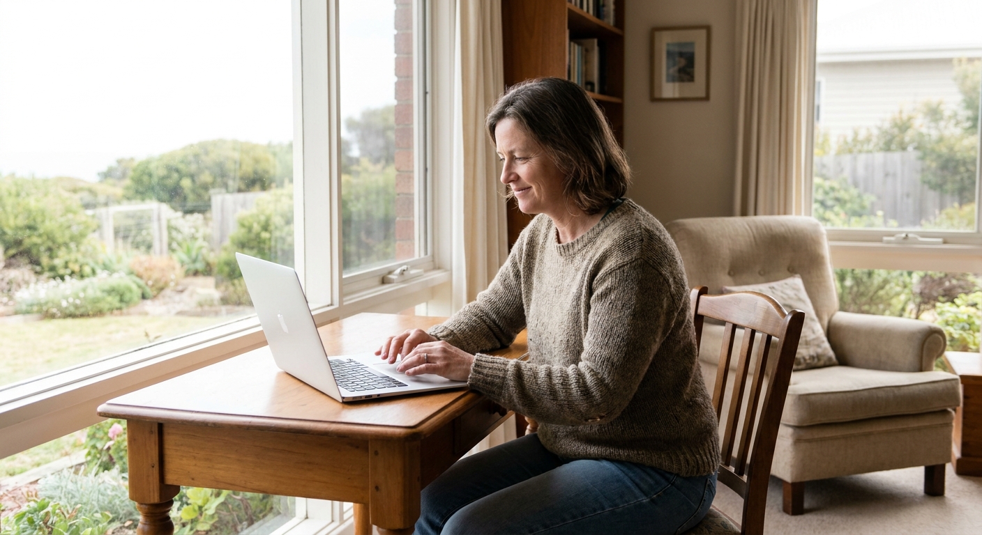 Professional computer clean-out in Point Leo (3916) — a happy Victoria resident at home with a spotless, fast, quiet machine