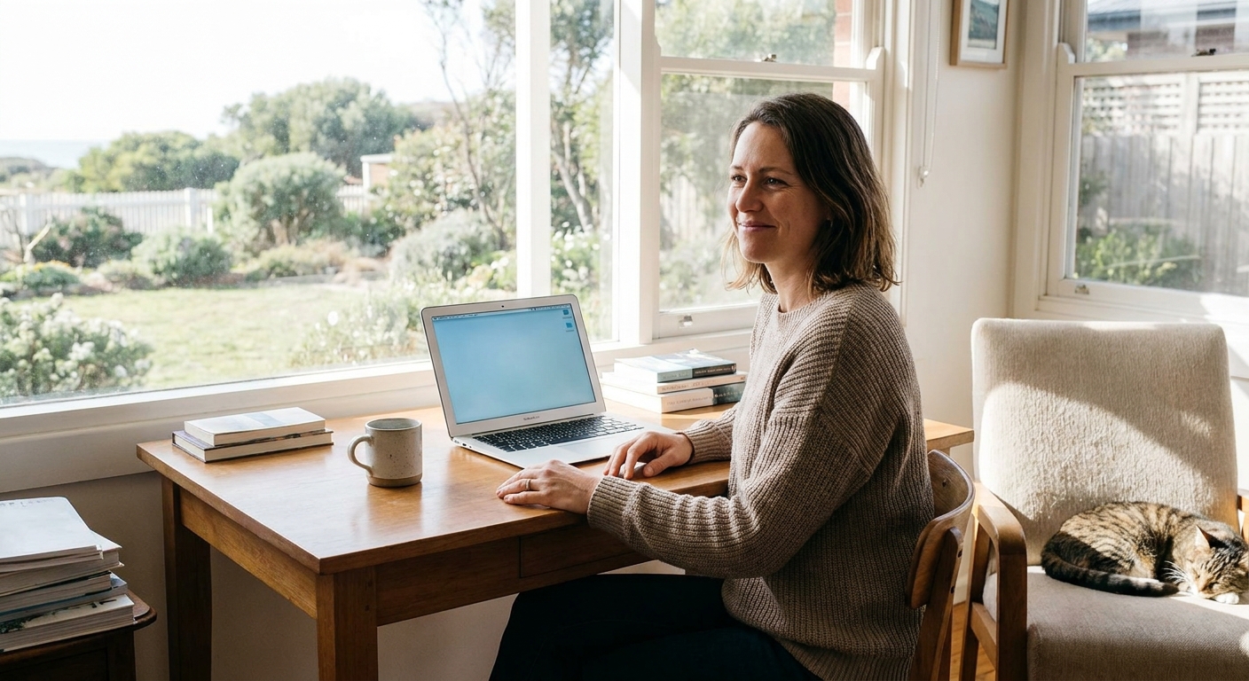 Professional computer clean-out in Point Lonsdale (3225) — a happy Victoria resident at home with a spotless, fast, quiet machine