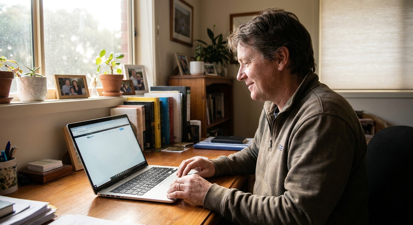 Professional computer clean-out in Point Wilson (3212) — a happy Victoria resident at home with a spotless, fast, quiet machine