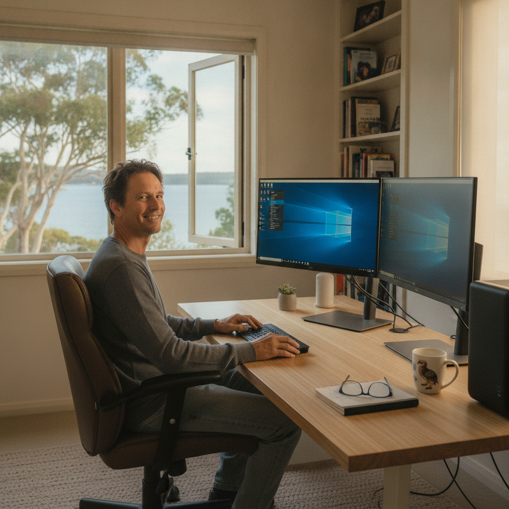 Professional computer clean-out in Port Hacking (2229) — a happy New South Wales resident at home with a spotless, fast, quiet machine