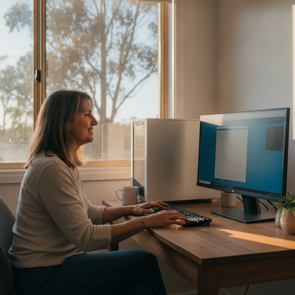 Professional computer clean-out in Porters Retreat (2787) — a happy New South Wales resident at home with a spotless, fast, quiet machine