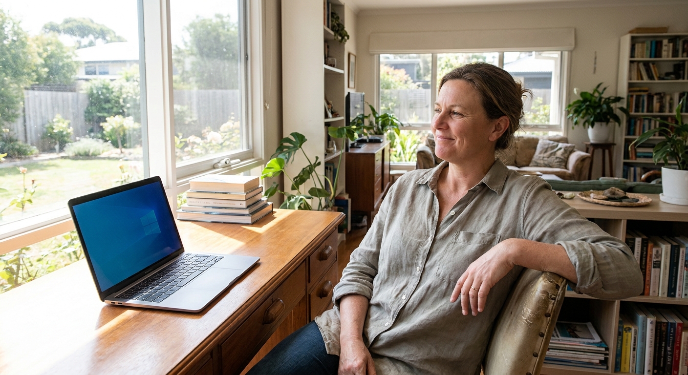Professional computer clean-out in Portsea (3944) — a happy Victoria resident at home with a spotless, fast, quiet machine