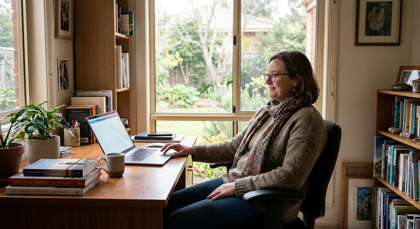 Professional computer clean-out in Preston West (3072) — a happy Victoria resident at home with a spotless, fast, quiet machine