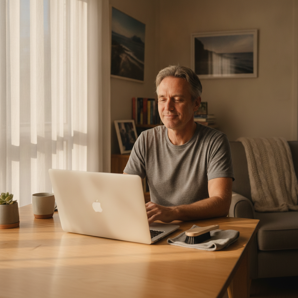 Professional computer clean-out in Pretty Beach (2539) — a happy New South Wales resident at home with a spotless, fast, quiet machine