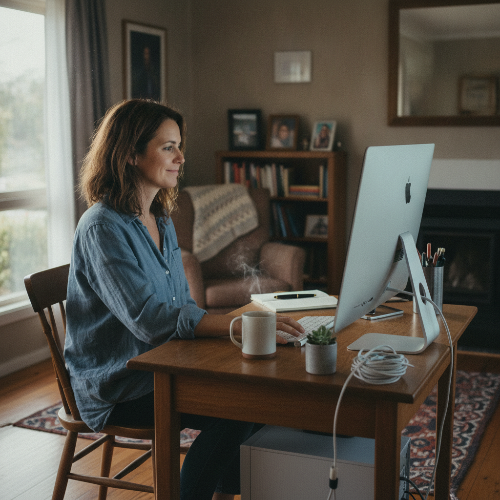 Professional computer clean-out in Prospect (7250) — a happy Tasmania resident at home with a spotless, fast, quiet machine