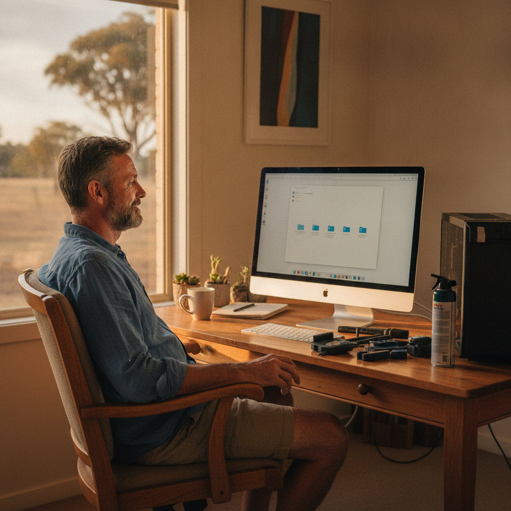 Professional computer clean-out in Quandary (2665) — a happy New South Wales resident at home with a spotless, fast, quiet machine