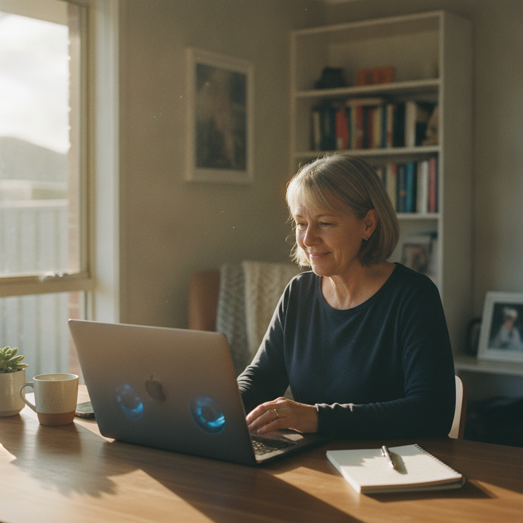 Professional computer clean-out in Quinns Rocks (6030) — a happy Western Australia resident at home with a spotless, fast, quiet machine