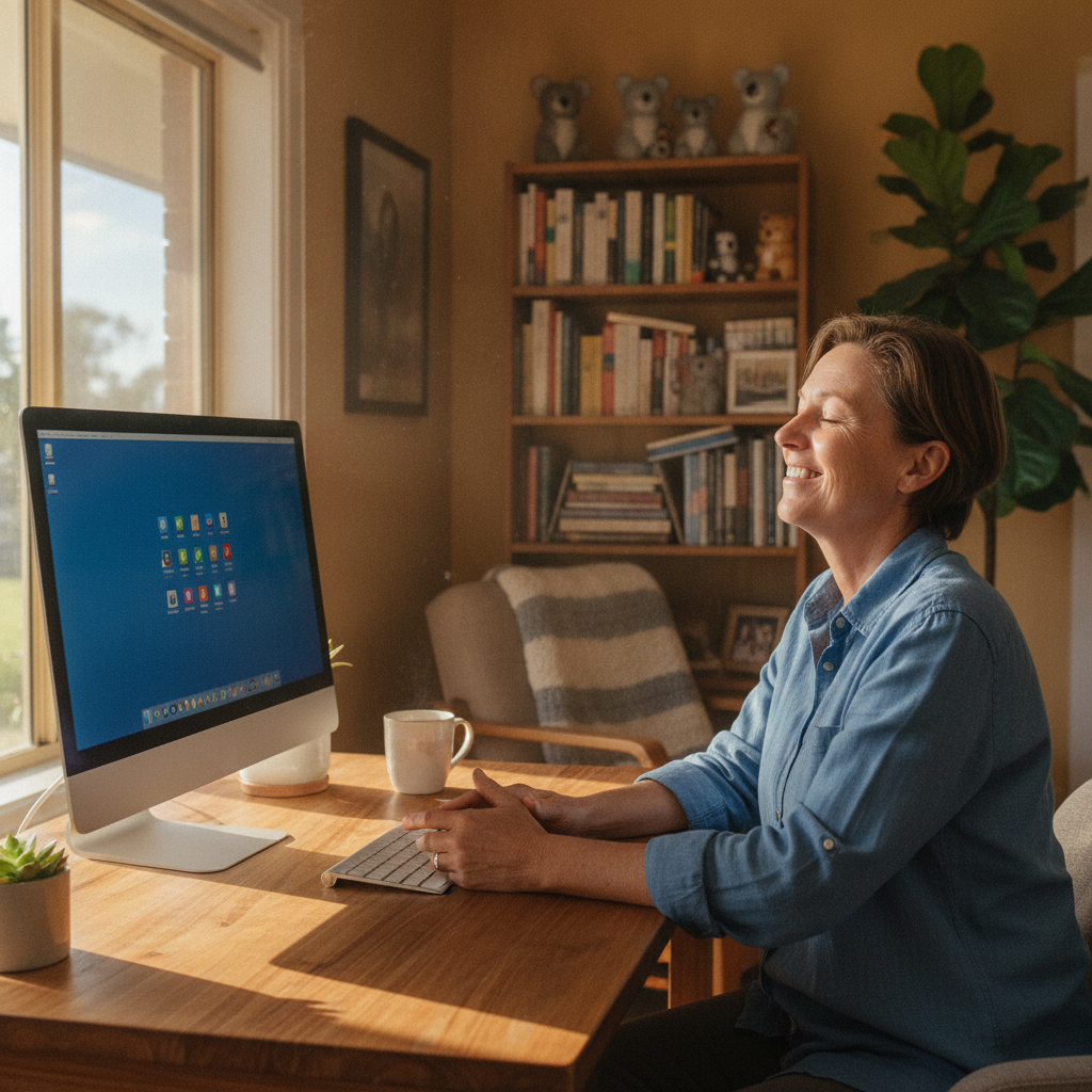 Professional computer clean-out in Quipolly (2343) — a happy New South Wales resident at home with a spotless, fast, quiet machine