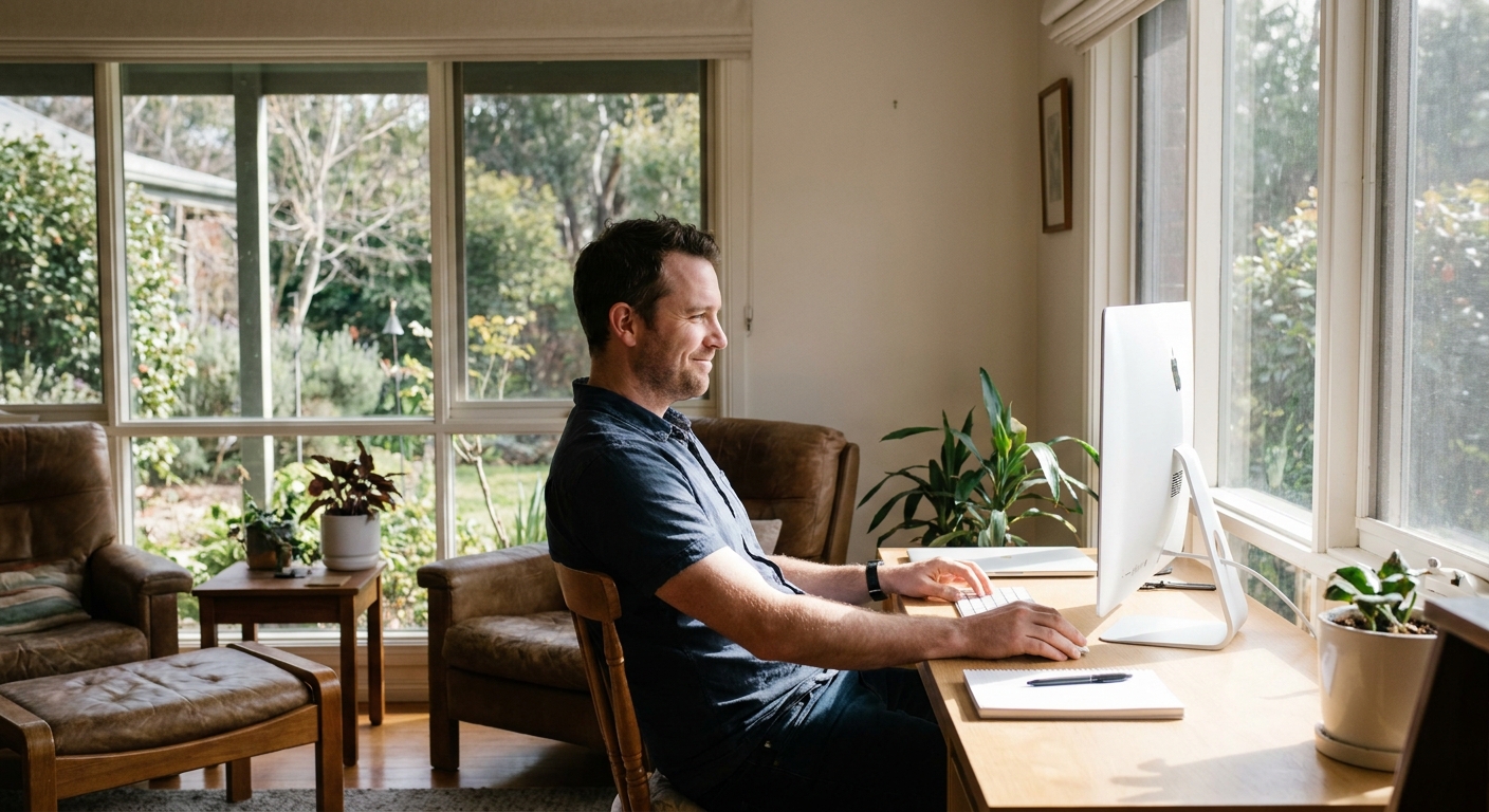 Professional computer clean-out in Red Hill (3937) — a happy Victoria resident at home with a spotless, fast, quiet machine