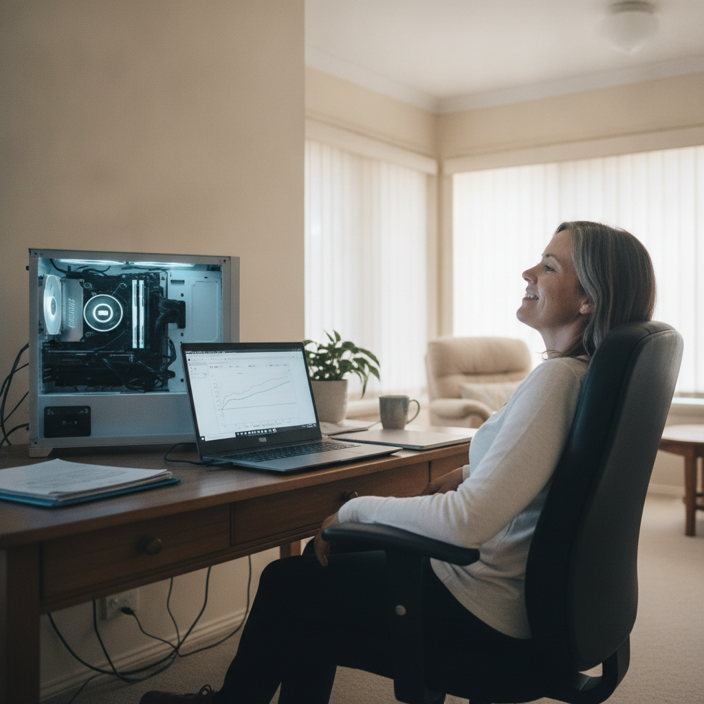 Professional computer clean-out in Redbank (2446) — a happy New South Wales resident at home with a spotless, fast, quiet machine